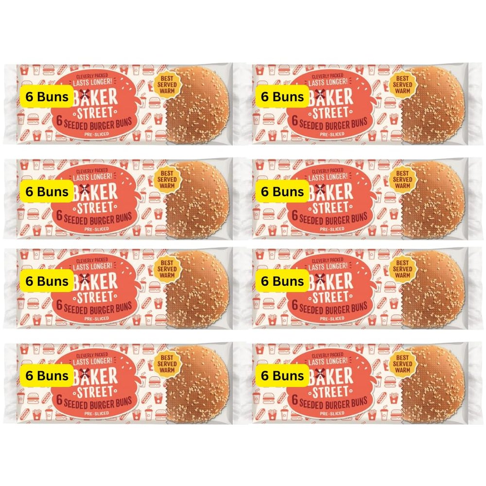 8x6 Pre-Sliced Seeded Burger Buns Bakers Street Cleverly Packaged Lasts Longer (8 Packs of 6 Pcs)