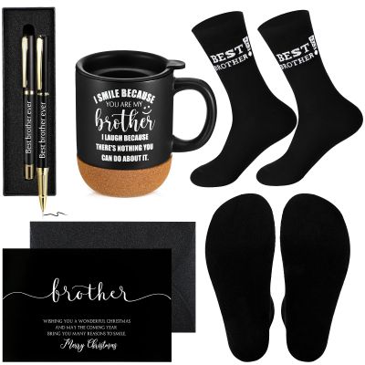 ReliThick 6 Pcs Best Brother Gifts from Sister Included I Smile Because You're My Brother 13.5 oz Coffee Mug Socks Ballpoint Pen with Pen Box Greeting Card Birthday Thanksgiving Friends Gifts