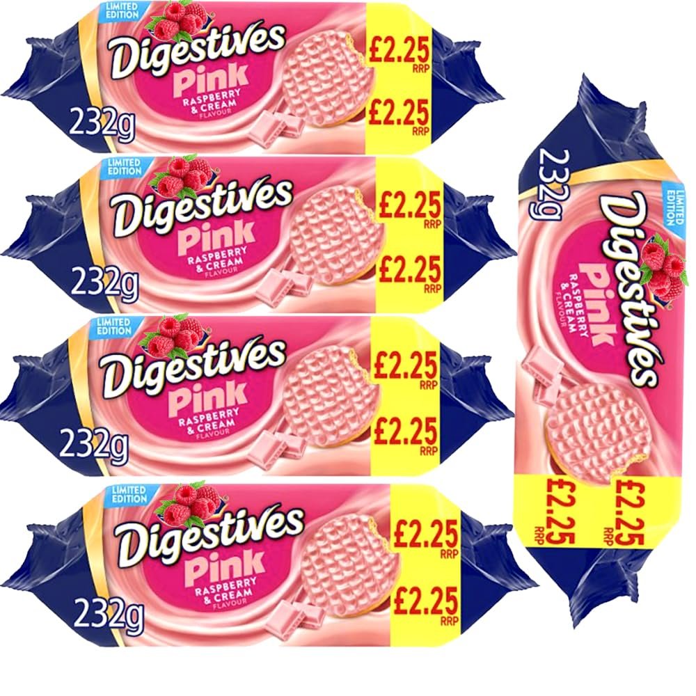 Digestives Pink Raspberry & Cream Flavour Limited Edition Biscuits PMP 232g (6 x Packs)