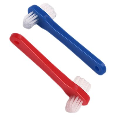 WATIIFUFU 2pcs Double Headed Denture Cleaning Toothbrushes for Adults Ergonomic Design with Small Angled Brush Heads for Hard to Reach Areas Bristles for Partial and Full Dentures Blue and