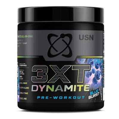 USN 3XT Dynamite Pre Workout Powder (30 Servings 375g). Pre- Workout Energy Drink with Natural Caffeine (250mg), Citrulline, Creatine, Beta Alanine, Choline, Taurine and Zero Sugar Blue Raspberry