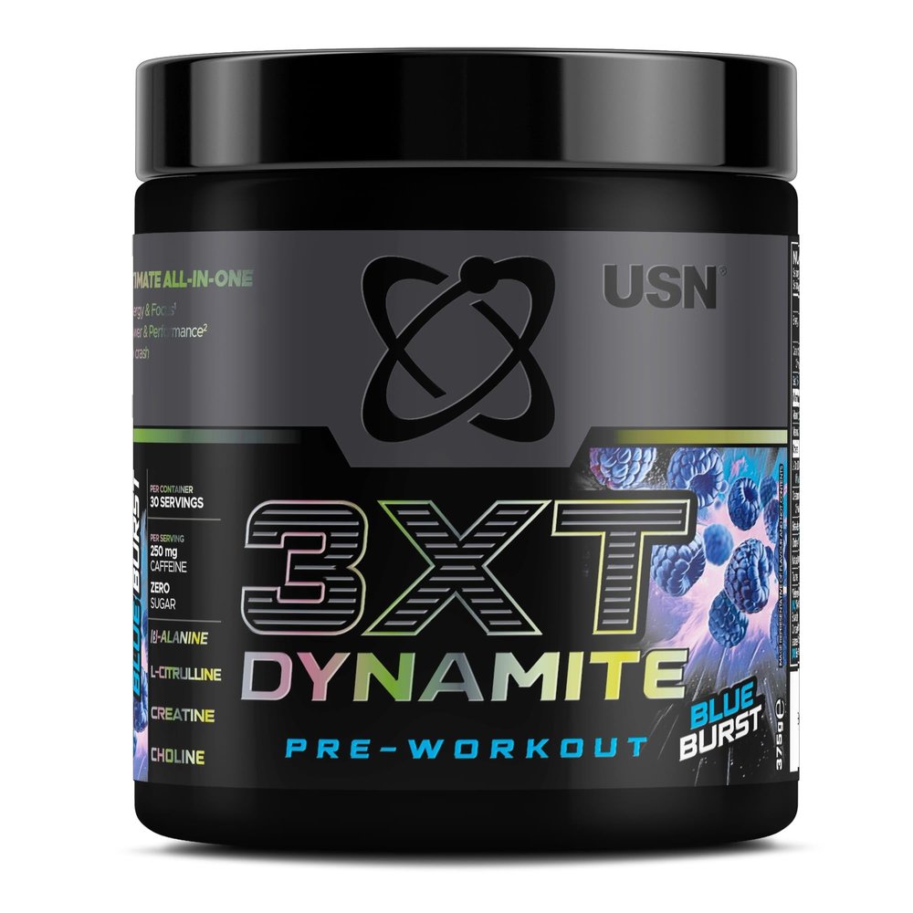USN 3XT Dynamite Pre Workout Powder (30 Servings 375g). Pre- Workout Energy Drink with Natural Caffeine (250mg), Citrulline, Creatine, Beta Alanine, Choline, Taurine and Zero Sugar Blue Raspberry