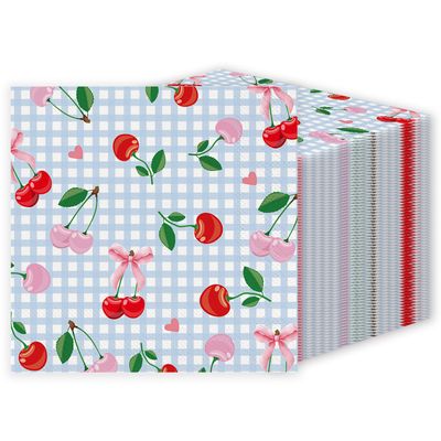 100 Pack Blue Gingham Cherry Napkins Cherry Birthday Party Supplies Pink Bows Napkins Gingham Cocktail Napkins for Baby Shower Bachelorette Decorations Cherry Theme Birthday Party Decor (100)
