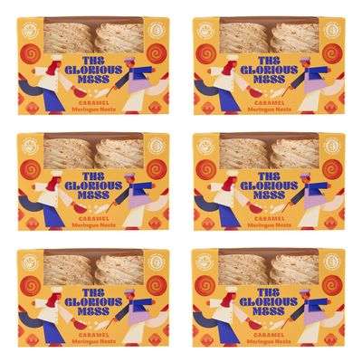 The Glorious Mess Caramel Meringue Nests - 6 Boxes (24 Meringues) Premium Handmade British Dessert - Light Crispy Sweet Treats - Perfect for Entertaining - Gluten Free Luxury Confectionery Gift Set