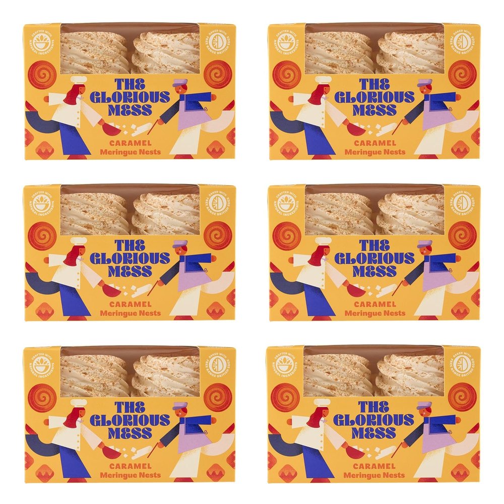 The Glorious Mess Caramel Meringue Nests - 6 Boxes (24 Meringues) Premium Handmade British Dessert - Light Crispy Sweet Treats - Perfect for Entertaining - Gluten Free Luxury Confectionery Gift Set