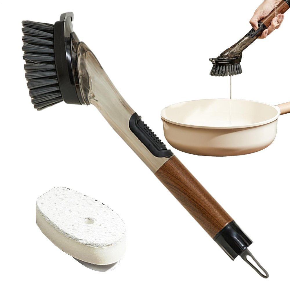 Soap Dispenser Brush, Kitchen Scrubber Tool, Ergonomic Dish Wand, Refillable Handle Durabled Bristles for Cleaning Tableware, Sink, Pan, Stove, Oven, 11.61x1.97x3.15 Inches
