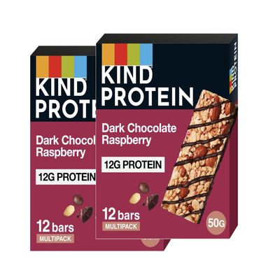 KIND Protein Bars, Dark Chocolate Raspberry, High Fibre, Healthy Snack, Gluten Free, 12g Protein, No Artificial Colours, Flavours or Preservatives, Multipack 24 x 50g
