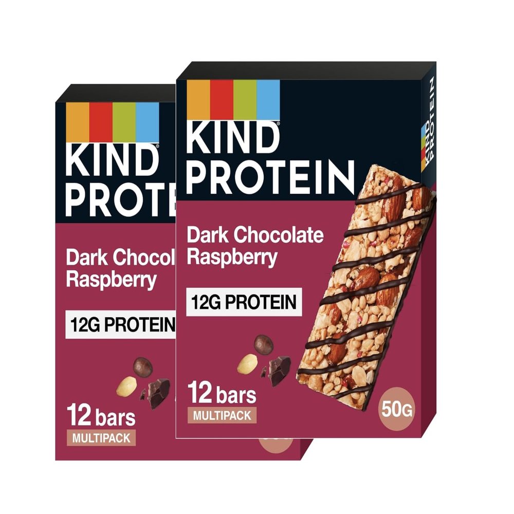 KIND Protein Bars, Dark Chocolate Raspberry, High Fibre, Healthy Snack, Gluten Free, 12g Protein, No Artificial Colours, Flavours or Preservatives, Multipack 24 x 50g