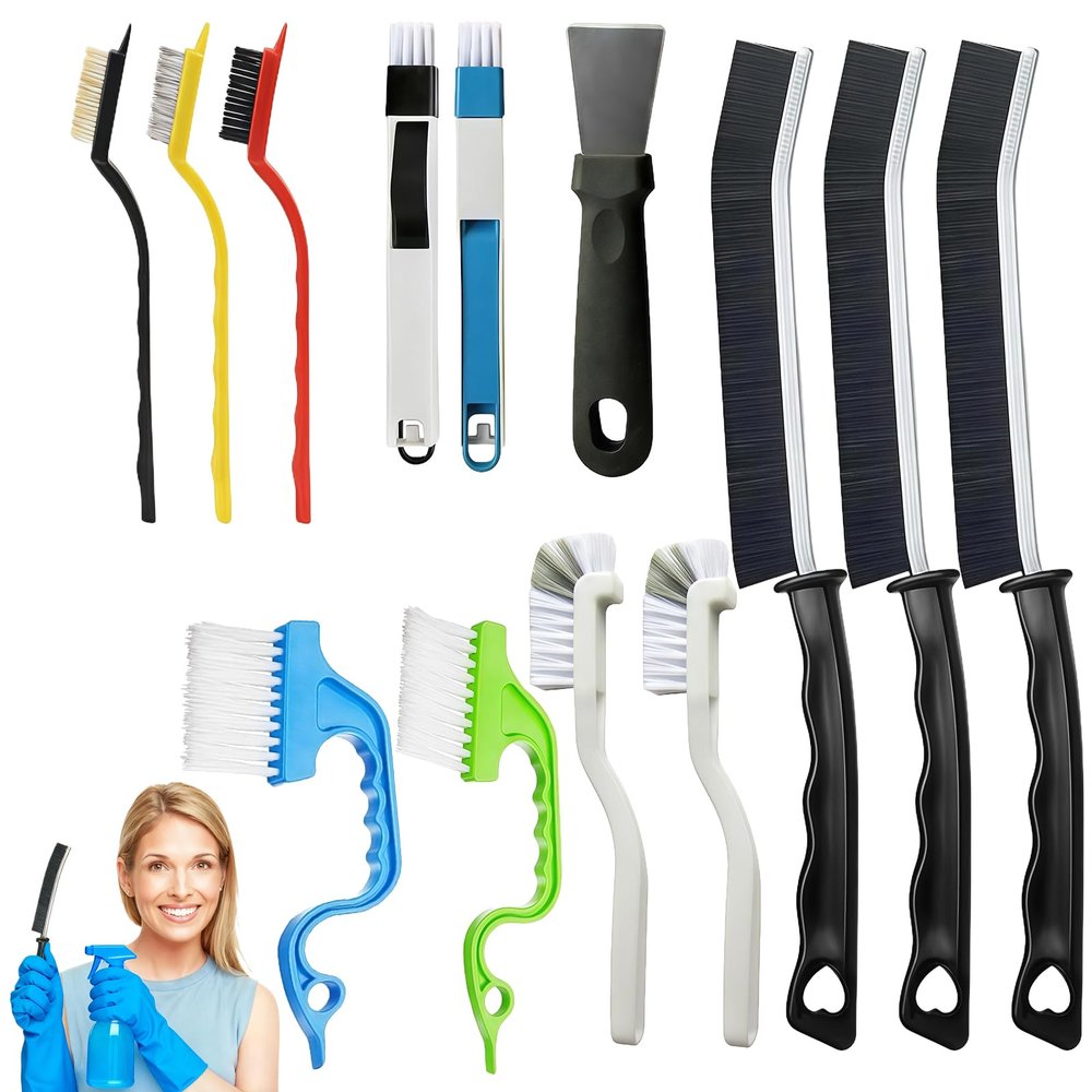 16 Pcs Crevice Cleaning Brush Set, Hard Bristle Gap Cleaning Tools with Scrapers & Wire Brush for Kitchen, Bathroom, Oven, Window Track, Tile Grout, Narrow Corners Cleaning