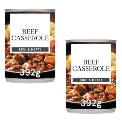 Beef Casserole, Rich & Meaty, 392g, Pack Of 2, Rich beef casserole featuring tender chunks of meat and vegetables in a thick, flavourful gravy, perfectly portioned at 392g per tin