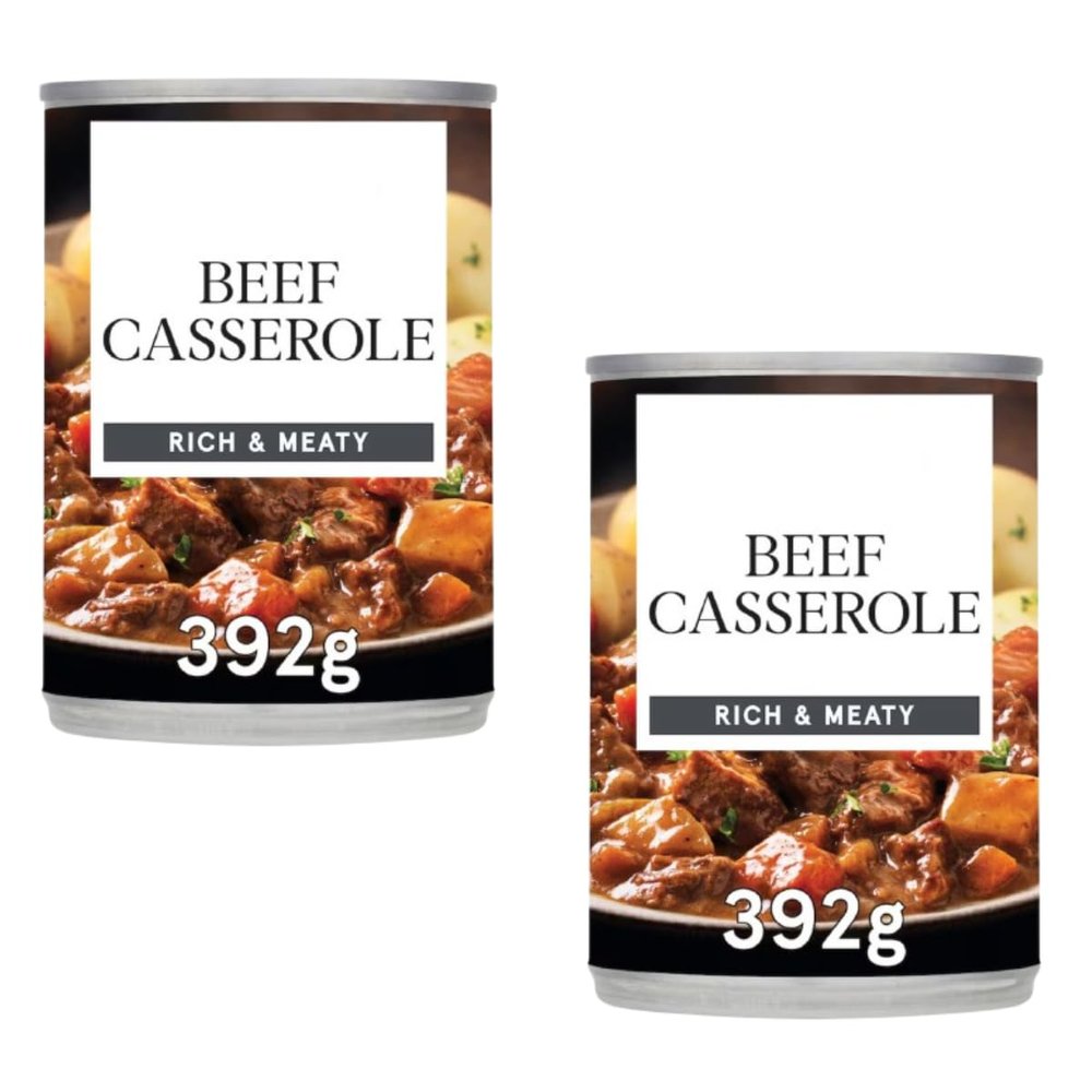 Beef Casserole, Rich & Meaty, 392g, Pack Of 2, Rich beef casserole featuring tender chunks of meat and vegetables in a thick, flavourful gravy, perfectly portioned at 392g per tin
