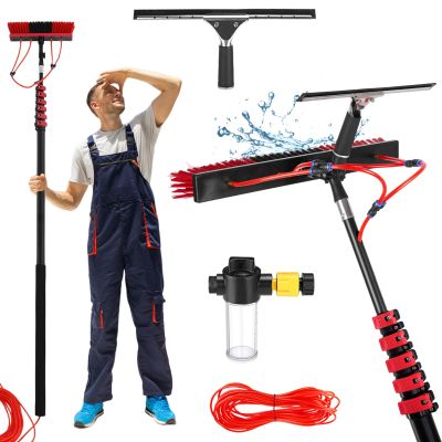 GJMSSMY Telescopic Cleaning Brush, 9 m Telescopic Hydrocleaner, Water Powered, Soap Dispenser, Cleaning Solar Panels, Window Cleaning Kit with Squeegee, Washing Roof, Cars, 55cm Brush