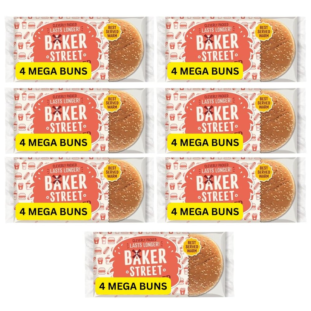 7x4 Pre-Sliced Seeded Mega Burger Buns Bakers Street Cleverly Packaged Lasts Longer (7 packs of 4 buns)