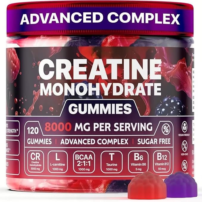 High-Potency Creatine Monohydrate Gummies 8000mg - L-Carnitine + Taurine for Training Support - Mixed Berry Vegan Pre-Workout - Sustained Energy & Muscle Recovery - Sugar Free, 120 Count