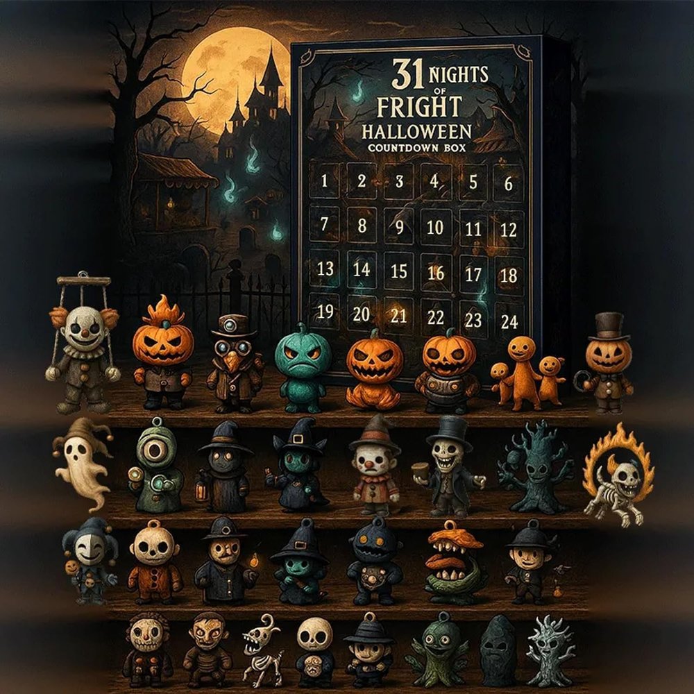 HshDUti 31 Nights of Fright - Halloween Countdown Box with Figurines, 2025 Halloween Advent Calendar Gift Set, Collectible Horror Figures, Scary Dolls, Hanging Charms & Mini Decorations 31 Days