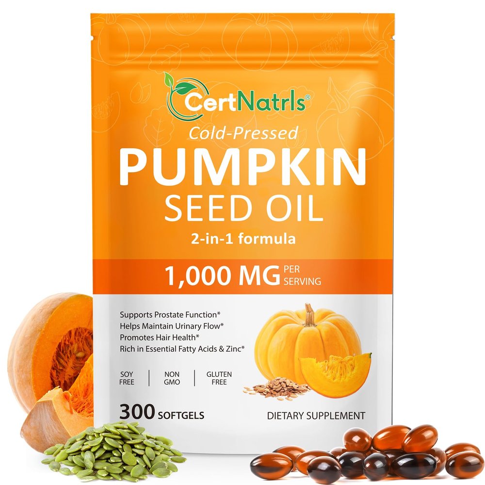 Pumpkin Seed Oil Capsules (1,000mg/serving), Cold-Pressed Pumpkin Seed Oil for Hair Growth, Prostate Health, Urinary Tract Support, 300 Softgels Supplement of Essential Fatty Acids & Zinc