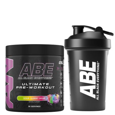 Applied Nutrition Bundle ABE Pre Workout 375g + ABE Black Shaker 400ml | All Black Everything Pre Workout Powder, Energy Drink, Physical Performance, Creatine, Beta Alanine, Caffeine (Sour Gummy Bear)