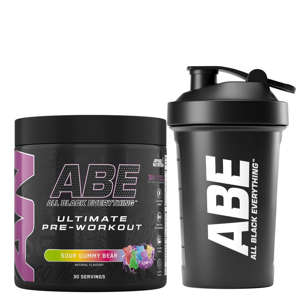 Applied Nutrition Bundle ABE Pre Workout 375g + ABE Black Shaker 400ml | All Black Everything Pre Workout Powder, Energy Drink, Physical Performance, Creatine, Beta Alanine, Caffeine (Sour Gummy Bear)