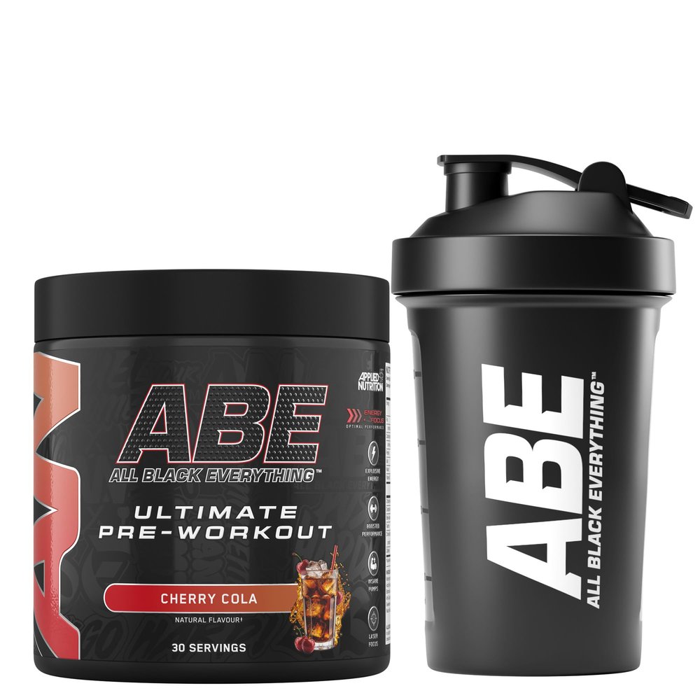 Applied Nutrition Bundle ABE Pre Workout 375g + ABE Black Shaker 400ml | All Black Everything Pre Workout Powder, Energy Drink, Physical Performance, Creatine, Beta Alanine, Caffeine (Cherry Cola)