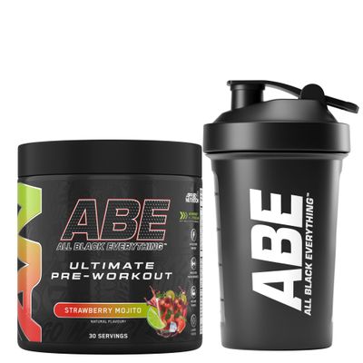 Applied Nutrition Bundle ABE Pre Workout 375g + ABE Black Shaker 400ml | All Black Everything Pre Workout Powder, Energy Drink, Creatine, Beta Alanine, Caffeine (Strawberry Mojito)