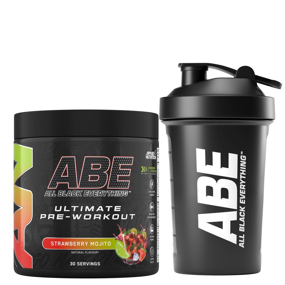 Applied Nutrition Bundle ABE Pre Workout 375g + ABE Black Shaker 400ml | All Black Everything Pre Workout Powder, Energy Drink, Creatine, Beta Alanine, Caffeine (Strawberry Mojito)