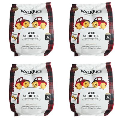 Walker's Chocolate Chip Shortbread, Mini Wee Shorties, 6 x 25g Bags, 4 Pack, Baked in Scotland