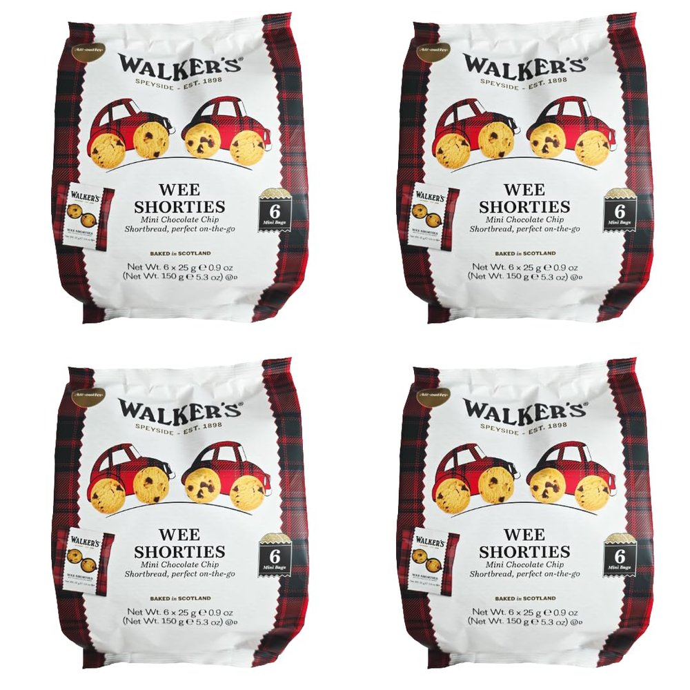 Walker's Chocolate Chip Shortbread, Mini Wee Shorties, 6 x 25g Bags, 4 Pack, Baked in Scotland