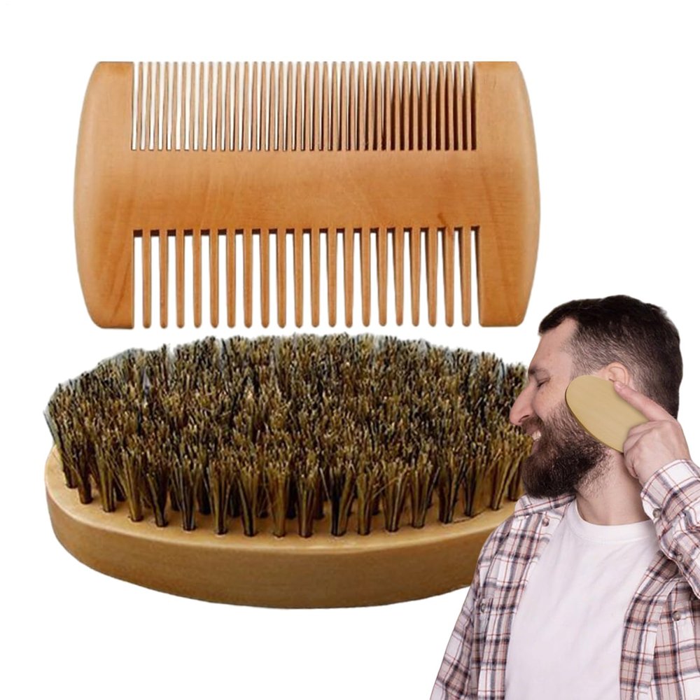 Beard Comb and Brush for Men, Mustache Beard Grooming Kit for Men Combing, Ergonomic Barber Styling Shaving Grooming Care Products for Removing Debris Massages Face