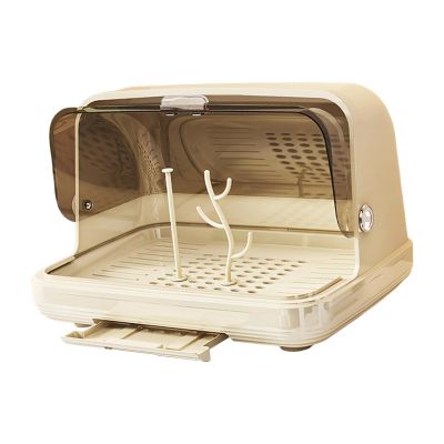 F Fityle Drying Rack Nursery Bottle Storage Box Countertop Dryer with Cover Easy to Clean Organizer Container for Cabinet, Light Khaki Large