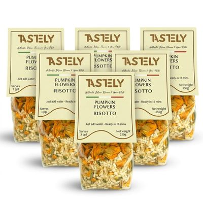 Tastely Pumpkin Flower Risotto 6 Packs x 250g | Italian Style Carnaroli Rice with Pumpkin Flower - Ready to Cook Creamy Quick Risotto Ready Meal in 16 Mins | Source of Protein, Vegan and Gluten Free