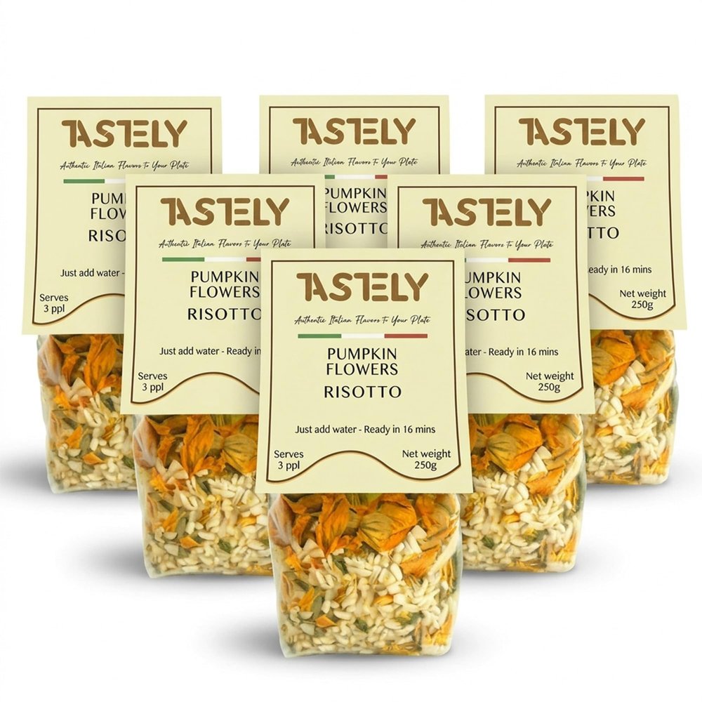 Tastely Pumpkin Flower Risotto 6 Packs x 250g | Italian Style Carnaroli Rice with Pumpkin Flower - Ready to Cook Creamy Quick Risotto Ready Meal in 16 Mins | Source of Protein, Vegan and Gluten Free