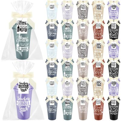 LemonRoad 30 Set Teacher Appreciation Gifts Bulk 16 Oz Teacher Appreciation Coffee Cup with Lid Back to School Gift Thank You Tumbler with Lid, Card and Bag Christmas(Cute Style,Dark Colors)