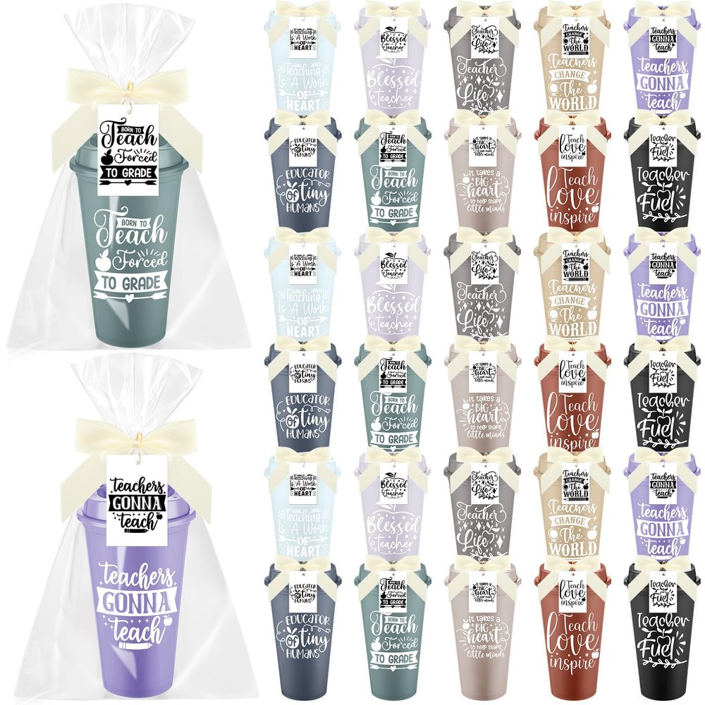 LemonRoad 30 Set Teacher Appreciation Gifts Bulk 16 Oz Teacher Appreciation Coffee Cup with Lid Back to School Gift Thank You Tumbler with Lid, Card and Bag Christmas(Cute Style,Dark Colors)