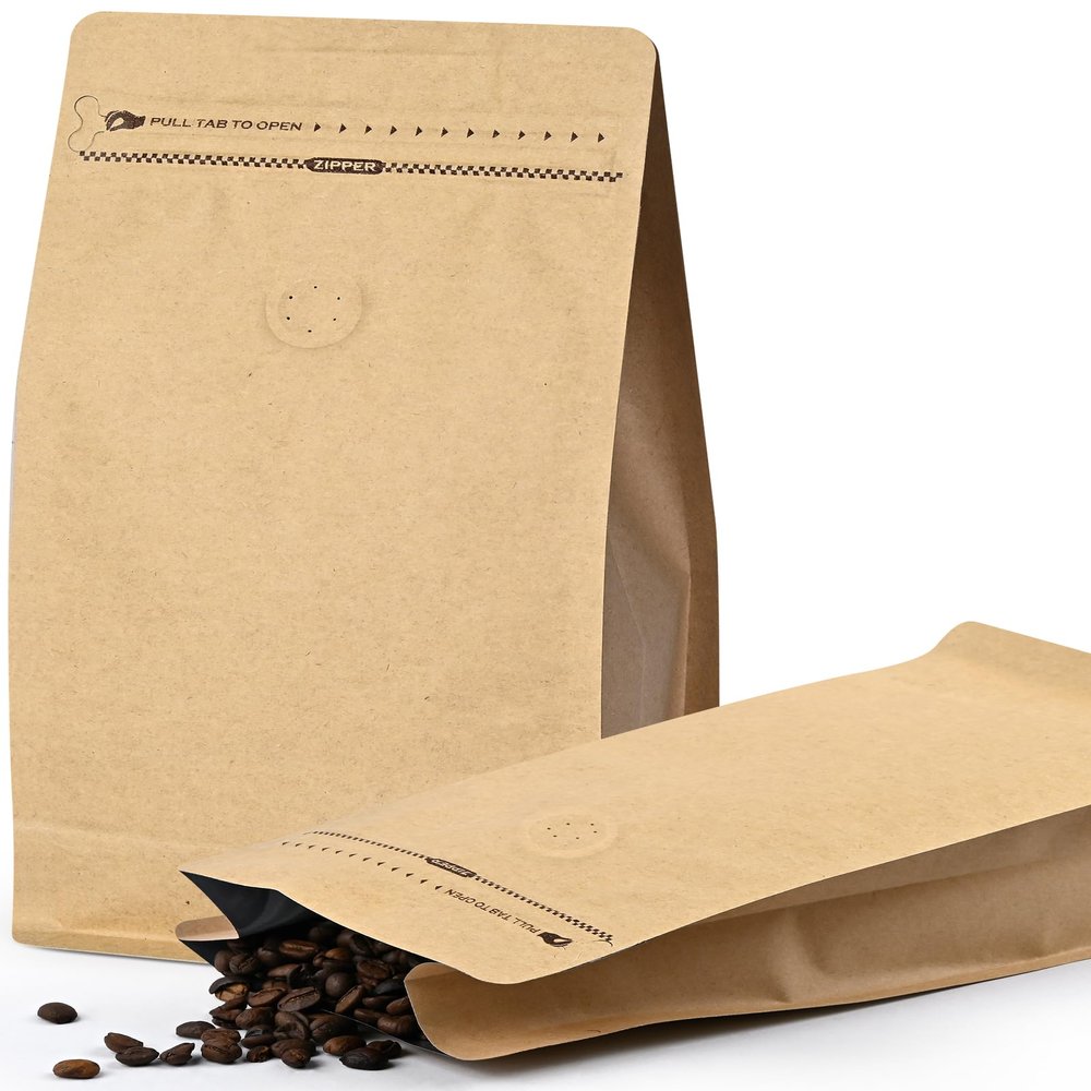 100 PCS Coffee Bags with Valve, (12 oz, 3/4 lb) Stand Up Pouches, Resealable coffee bean bags, Vented food storage bags Pull Tab Side Zipper (Brown)