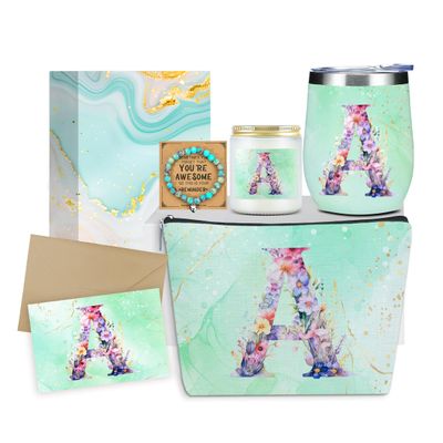 Personalized Gifts Monogrammed Birthday Gifts for Women, Bridesmaid Bachelorette Party Wedding Christmas Initial Wine Tumbler Makeup Bag Scented Candle Bracelet Set, (Aesthetic Green Flower A)