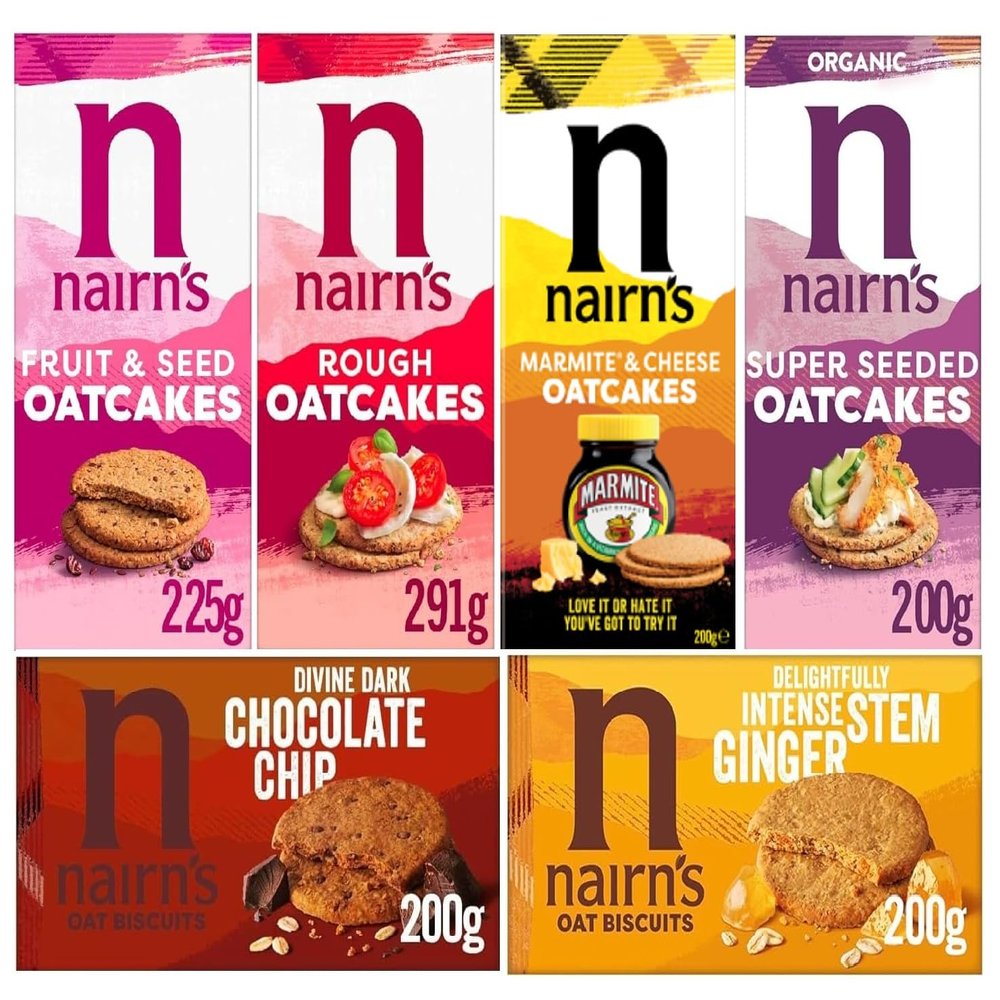 Nairn's Variety Pack - Oat Biscuits and Oatcakes - Flavours: Dark Chocolate Chip, Stem Ginger, Marmite & Cheese, Rough, Fruit & Seed, Super Seeded - (PACK OF 6) - Healthy Snacks