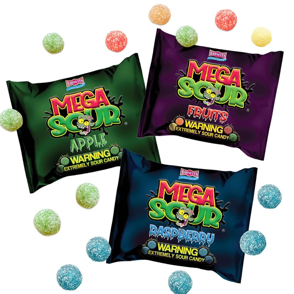 3 Pack Bundle Barnetts Mega Sour Candy - Raspberry | Fruits | Apple - Trendy Sweet Bags - Traditionally Handmade Sweets (104g x 3)