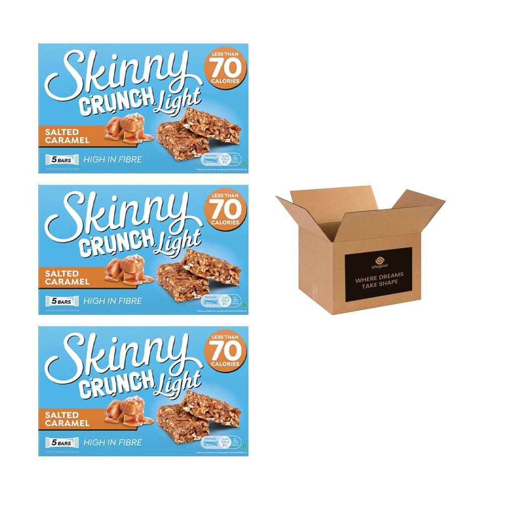 5 Skinny Crunch Snack Bars Less Than 90 Calories | High Fibre Cereal Bars Milk Chocolate Flavoured Coating | Snacks for Kids and Adults | Sweet Treat Gifts (Pack 3(15-Bars), Salted Caramel)