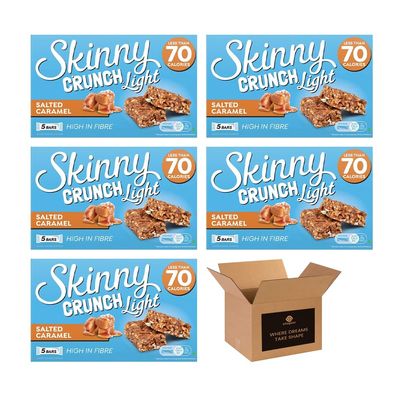 5 Skinny Crunch Snack Bars Less Than 90 Calories | High Fibre Cereal Bars Milk Chocolate Flavoured Coating | Snacks for Kids and Adults | Sweet Treat Gifts (Pack 5(25-Bars), Salted Caramel)