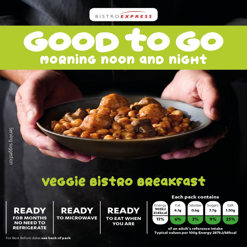 Bistro Express Veggie Breakfast, Mushrooms and Three Vegetarian Balls in a Baked Bean Sauce, 6 x 300g Long Life Ready Meal