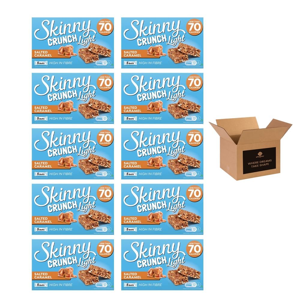5 Skinny Crunch Snack Bars Less Than 90 Calories | High Fibre Cereal Bars Milk Chocolate Flavoured Coating | Snacks for Kids and Adults | Sweet Treat Gifts (Crunch Salted Caramel - 10Pack)