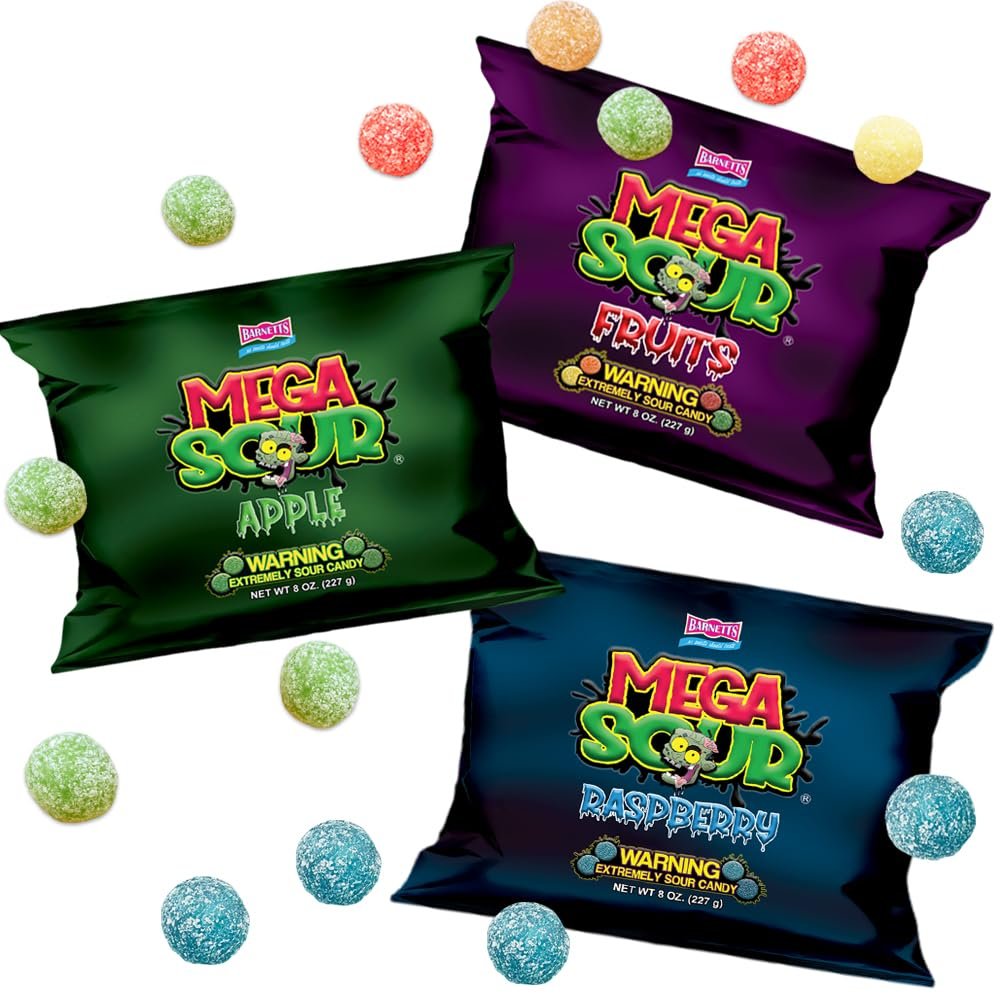 3 Pack Bundle Barnetts Mega Sour Candy - Raspberry | Fruits | Apple - Trendy Sweet Bags - Traditionally Handmade Sweets - (227g x 3)