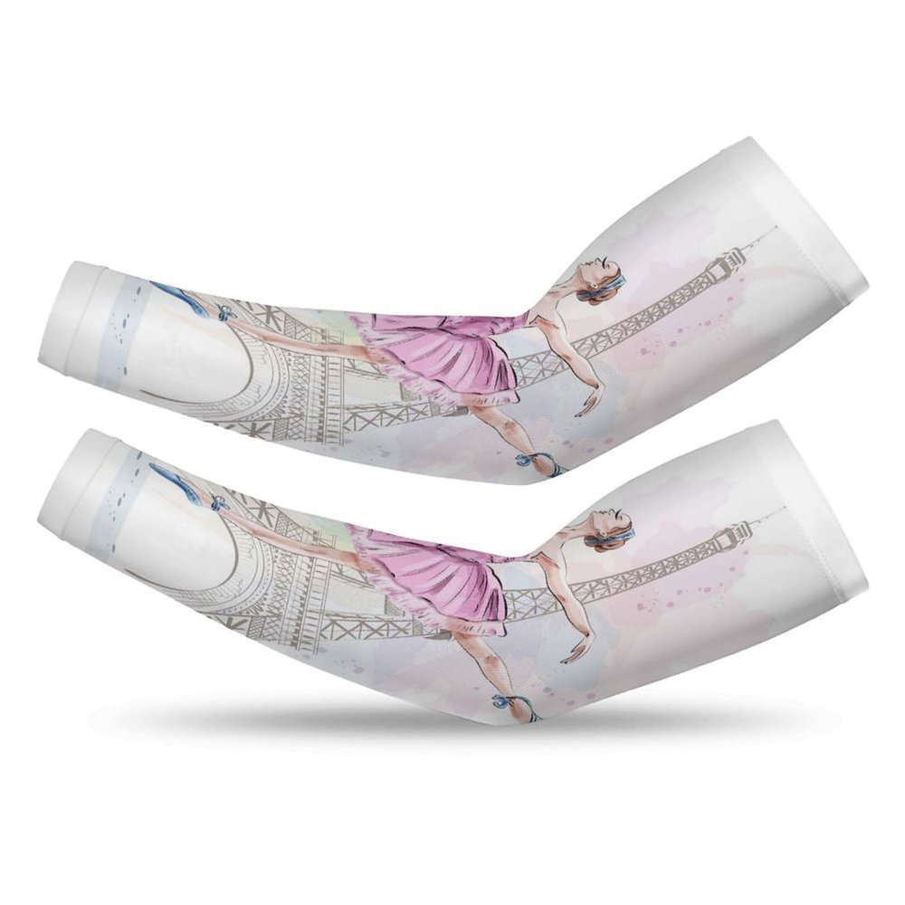 Nugier 1 Pair Cooling Arm Sleeves, Unisex Warmer Sports Cover Spandex Uv Sun Protection for Golf Cycling Running XL Print Ballerina Ballet Dancer Eiffel Tower Pink on White