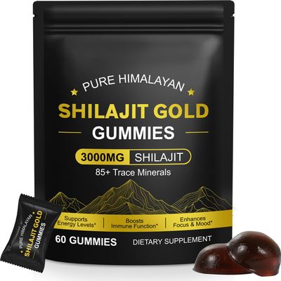 Gold Shilajit Gummies for Men & Women, Shilajit Pure Himalayan Gummy 3000mg, Energy & Boost Immune Support, Enhances Focus, Gluten Free & Vegan (60 Gummies)
