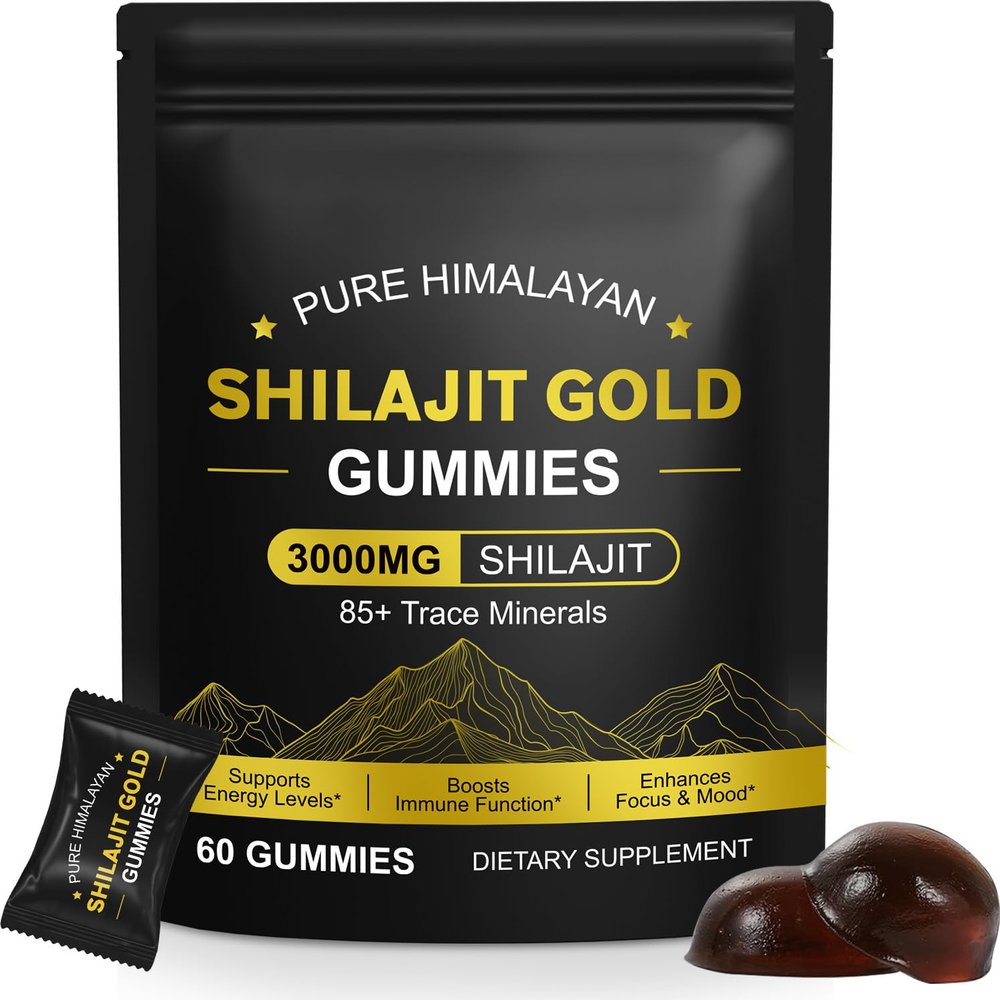 Gold Shilajit Gummies for Men & Women, Shilajit Pure Himalayan Gummy 3000mg, Energy & Boost Immune Support, Enhances Focus, Gluten Free & Vegan (60 Gummies)