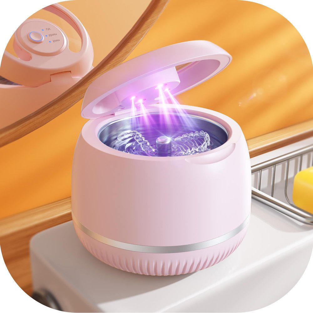 Beser Ultrasonic Retainer Cleaner, 2X Clean, Dental Ultrasonic Tooth Cleaner Machine Pod for Aligner, Nightguard, Mouth Guard, Denture Cleaner Baths, Jewelry, IPX6, 200ML (Pink)