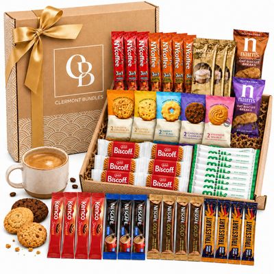 Coffee Gift Set, Premium Biscuits & Coffee Sachets. Elegantly Wrapped In a Gold Bow, Coffee Gifts for Men & Women, Includes 51 items Gift Ready Luxury Hamper for All Occasions Perfect Present