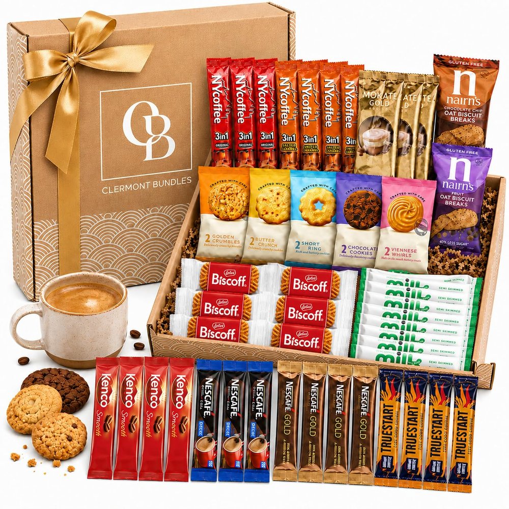 Coffee Gift Set, Premium Biscuits & Coffee Sachets. Elegantly Wrapped In a Gold Bow, Coffee Gifts for Men & Women, Includes 51 items Gift Ready Luxury Hamper for All Occasions Perfect Present