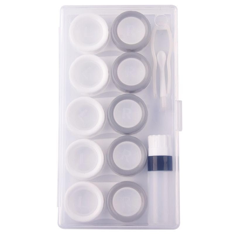 5 Pcs Contact Lens Cases, Contact Lens Holder Portable Eye Contacts Mini Case Container Set with L and R Caps Including Solution Bottle,Rubber-Tipped (Grey and White)