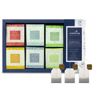 Charbrew Navy Leaf Assortment Tea Gift Set 60 Individually Wrapped Teabags 6 Mix Tea Blends Including Classic Black & Herbal/Fruit